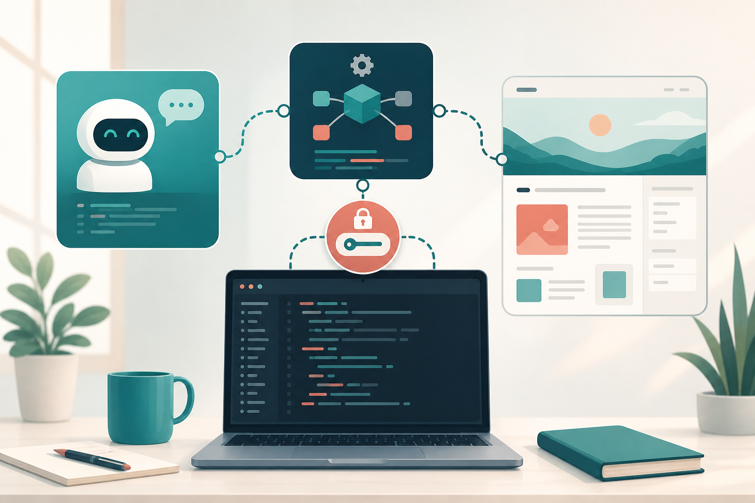 Editorial illustration of a custom MCP connection publishing to a dev notes site